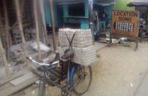 V&eacute;lo servant au trans port de cartons d'oeufs "Cr&eacute;dit photo" : Christ Koffi